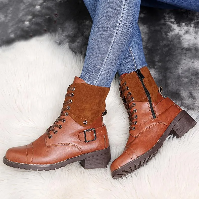 Women's vintage zipper combat boots buckle strap front lace booties