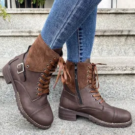 Women's vintage zipper combat boots buckle strap front lace booties