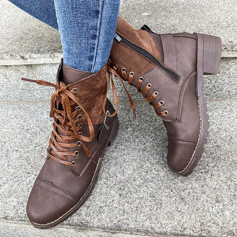 Women's vintage zipper combat boots buckle strap front lace booties