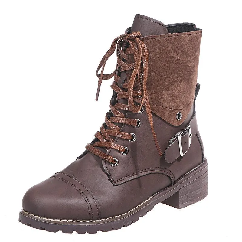 Women's vintage zipper combat boots buckle strap front lace booties