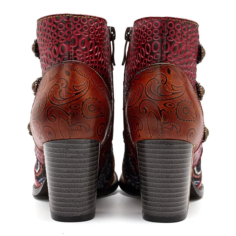 Women's Western High Heels Vintage Printed Leather Ankle Boots