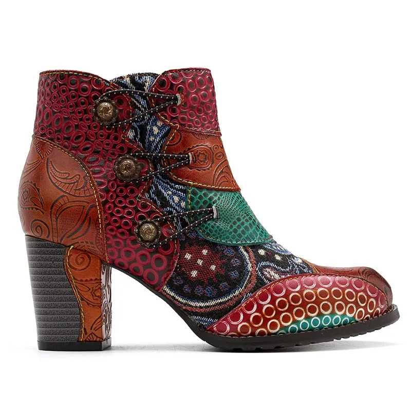 Women's Western High Heels Vintage Printed Leather Ankle Boots