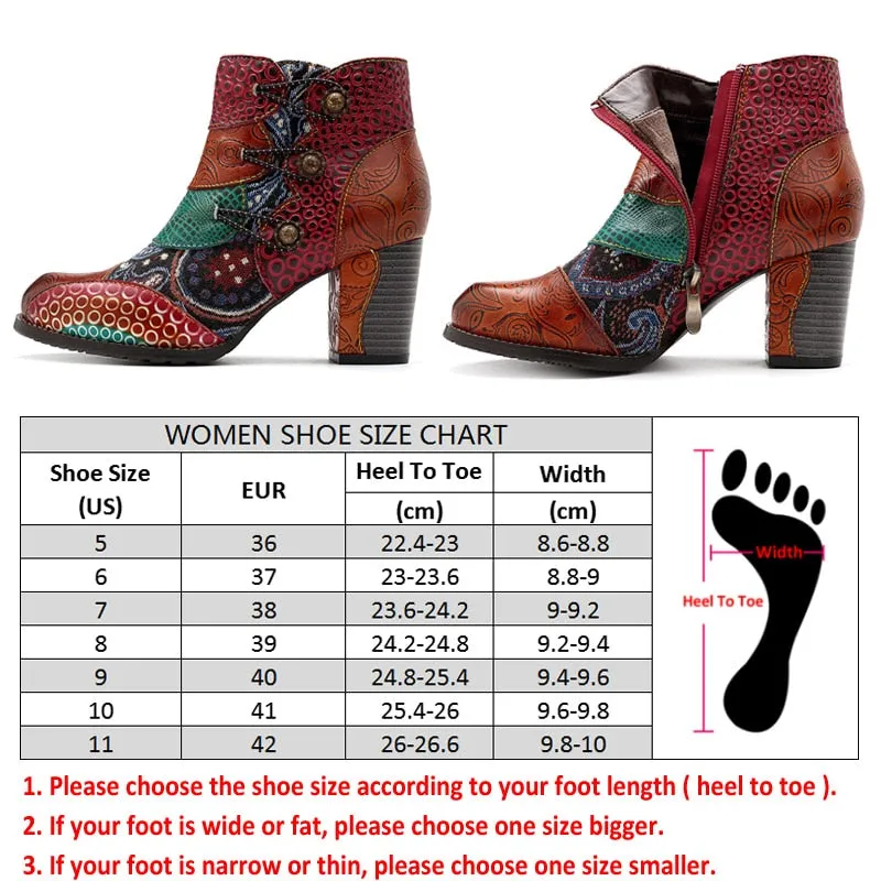 Women's Western High Heels Vintage Printed Leather Ankle Boots