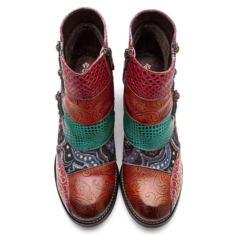 Women's Western High Heels Vintage Printed Leather Ankle Boots