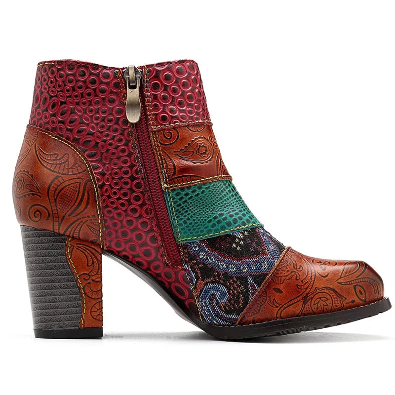 Women's Western High Heels Vintage Printed Leather Ankle Boots