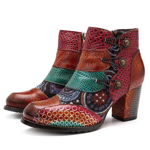 Women's Western High Heels Vintage Printed Leather Ankle Boots