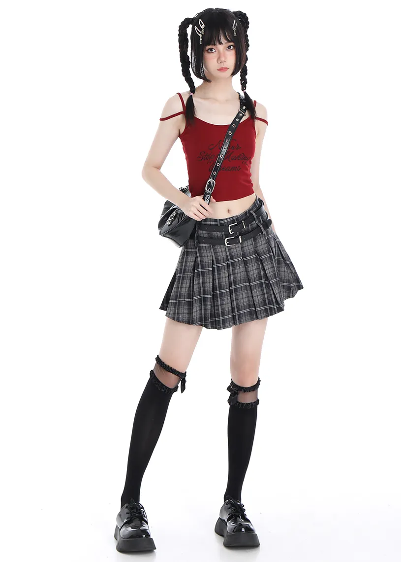 Y2K Plaid Black Gray Brown High Waist Pleated Mini Skirt Belt