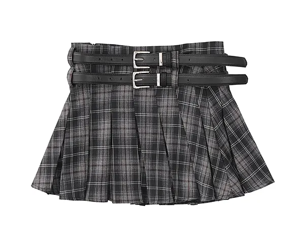 Y2K Plaid Black Gray Brown High Waist Pleated Mini Skirt Belt