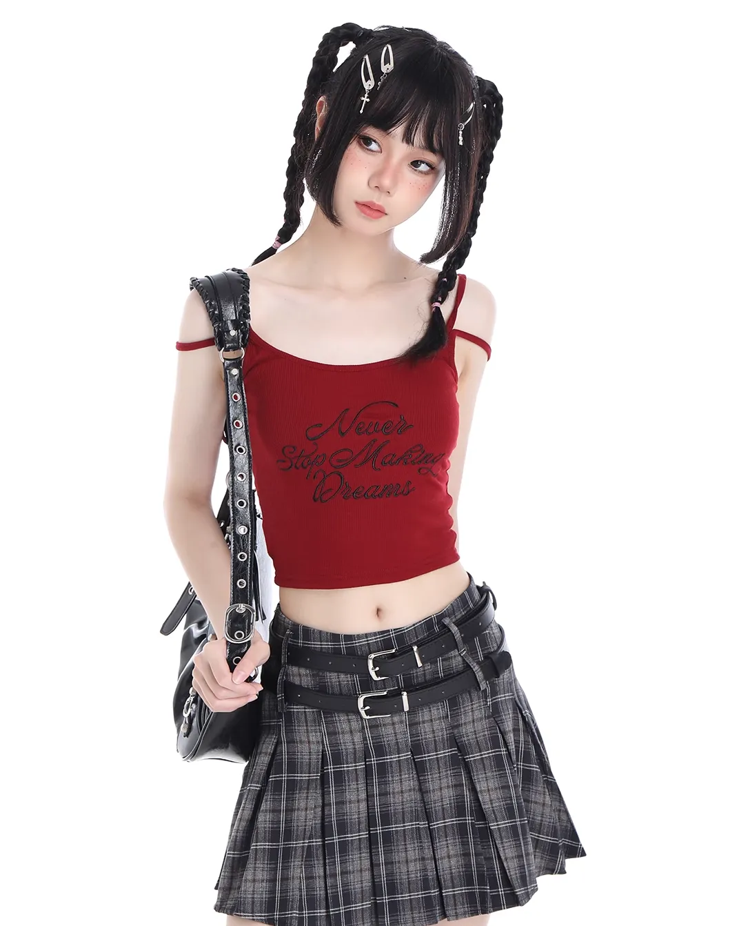 Y2K Plaid Black Gray Brown High Waist Pleated Mini Skirt Belt