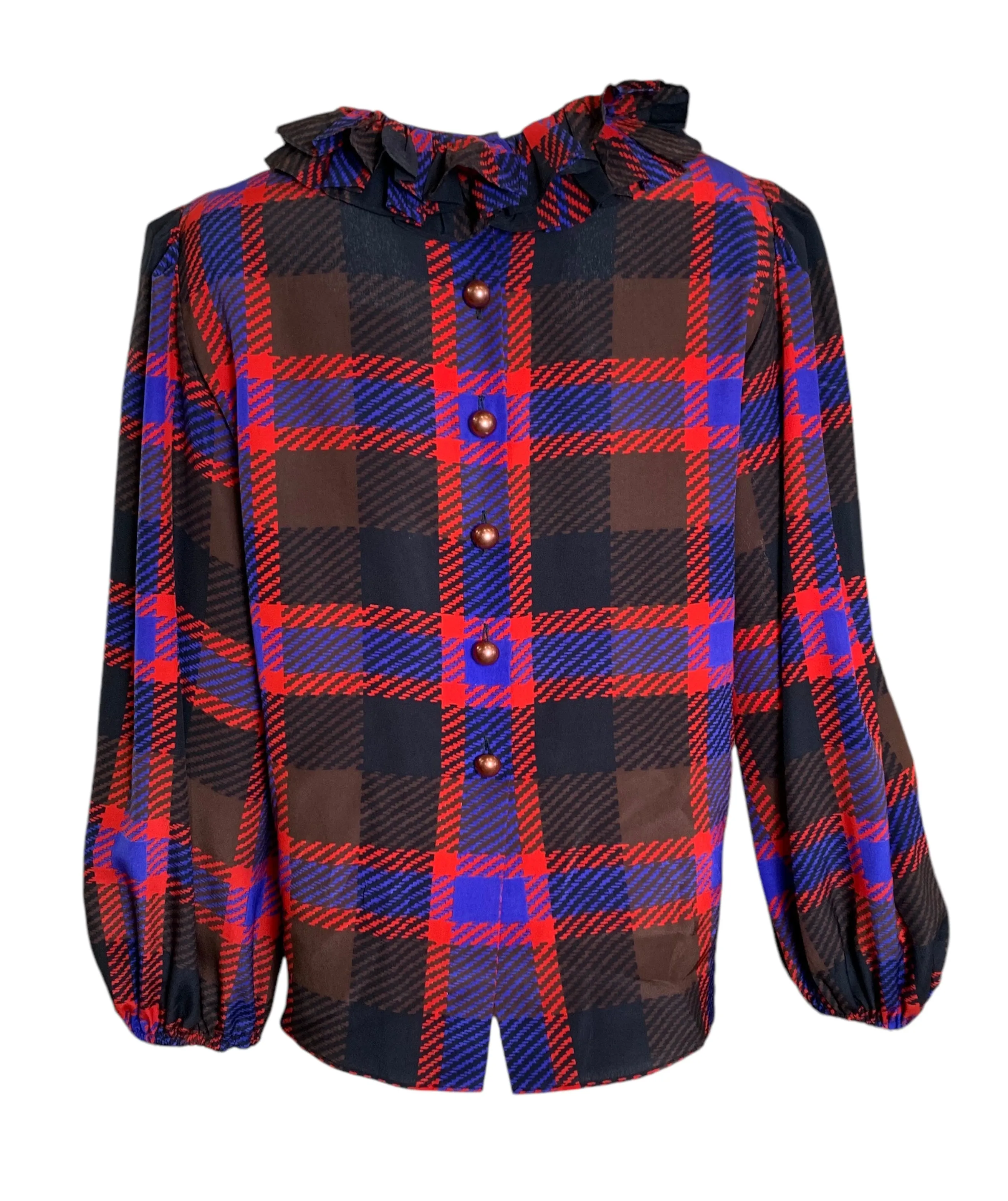 Yves Saint Laurent Rive Gauche Late '70s/ Early '80s Plaid  Silk Blouse   Pleated Wool Skirt Set