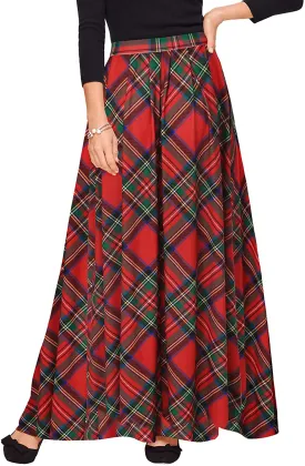 Zattcas Womens Buffalo Plaid High Elastic Waist Pleated Maxi Skirt with Pockets